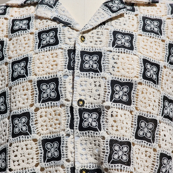 Stacy Adams Men's Black Geometric Floral Lattice Crochet Woven Shirt Size XL - Picture 7 of 12